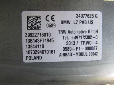 BMW Dash Passenger's Airbag 72129227160 F22 F30 F32 2, 3, 4 Series6